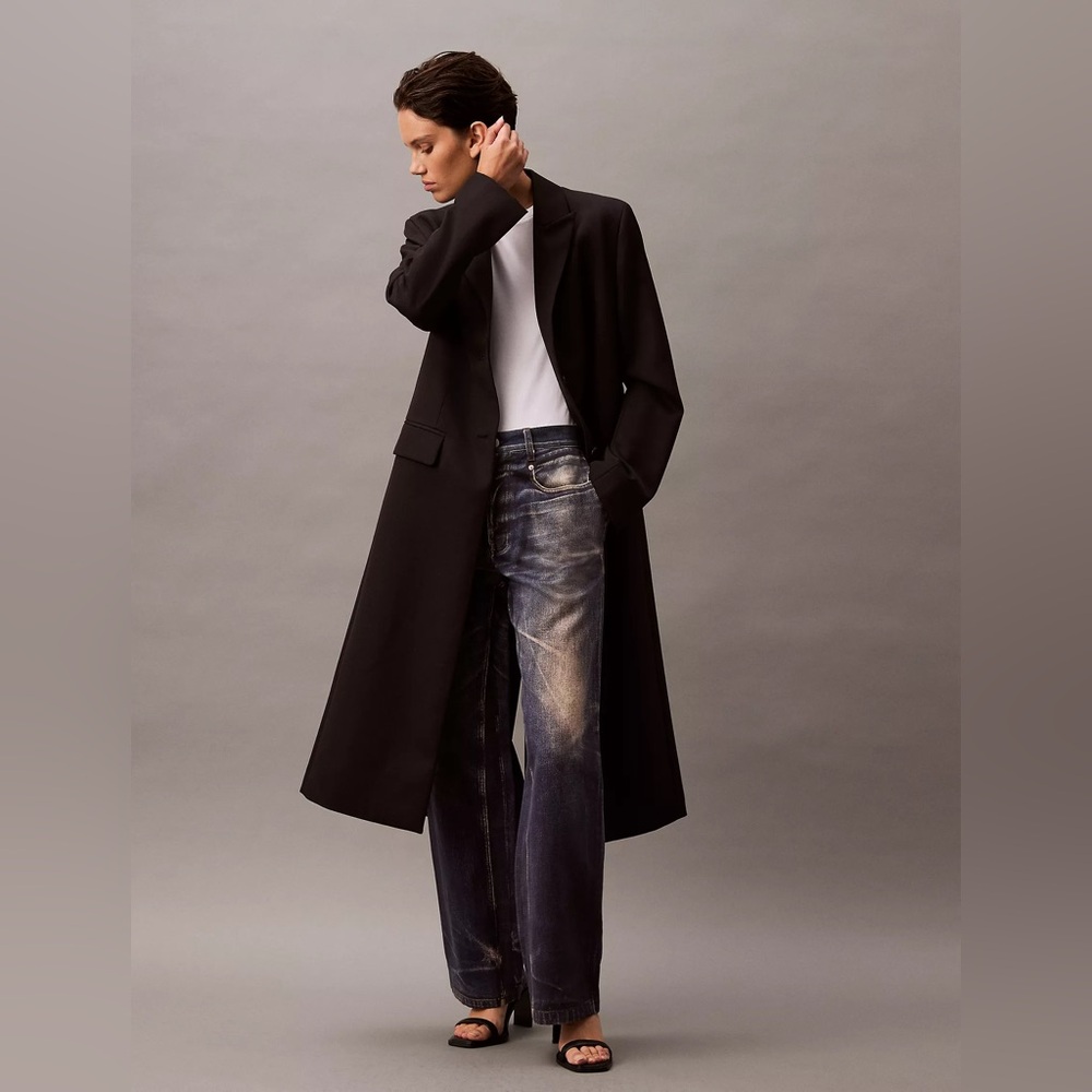 Calvin Klein, Single Breasted, Black Wool Blend Coat